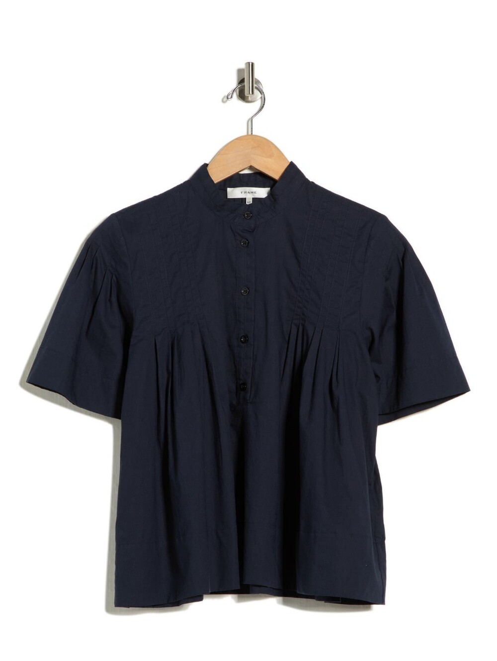 FRAME Short Sleeve Pleated Button-up Top In Navy
